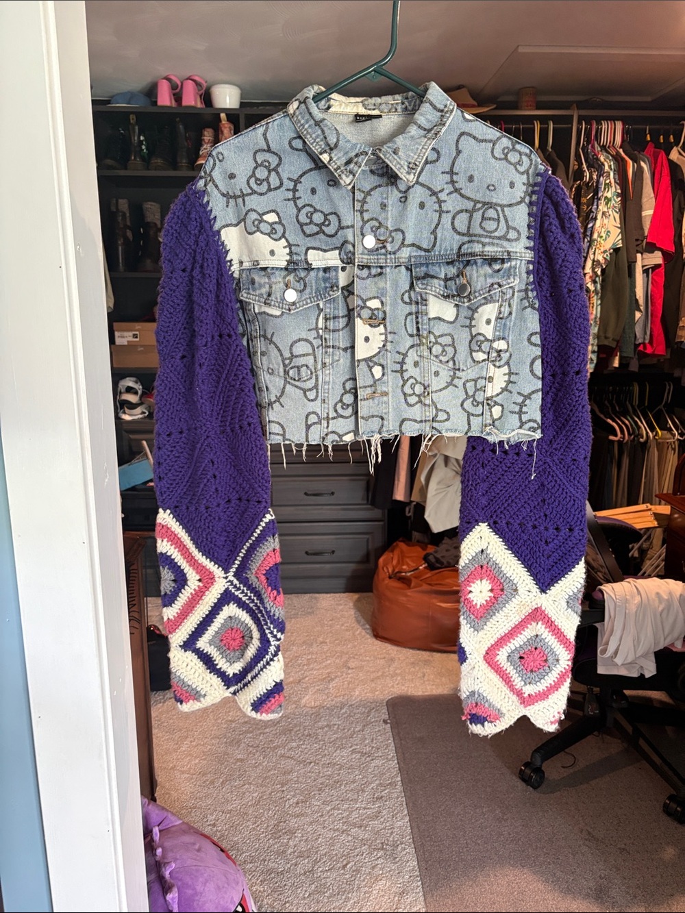 Cropped Denim Hello Kitty Jacket with HANDMADE Purple Crochet Sleeves